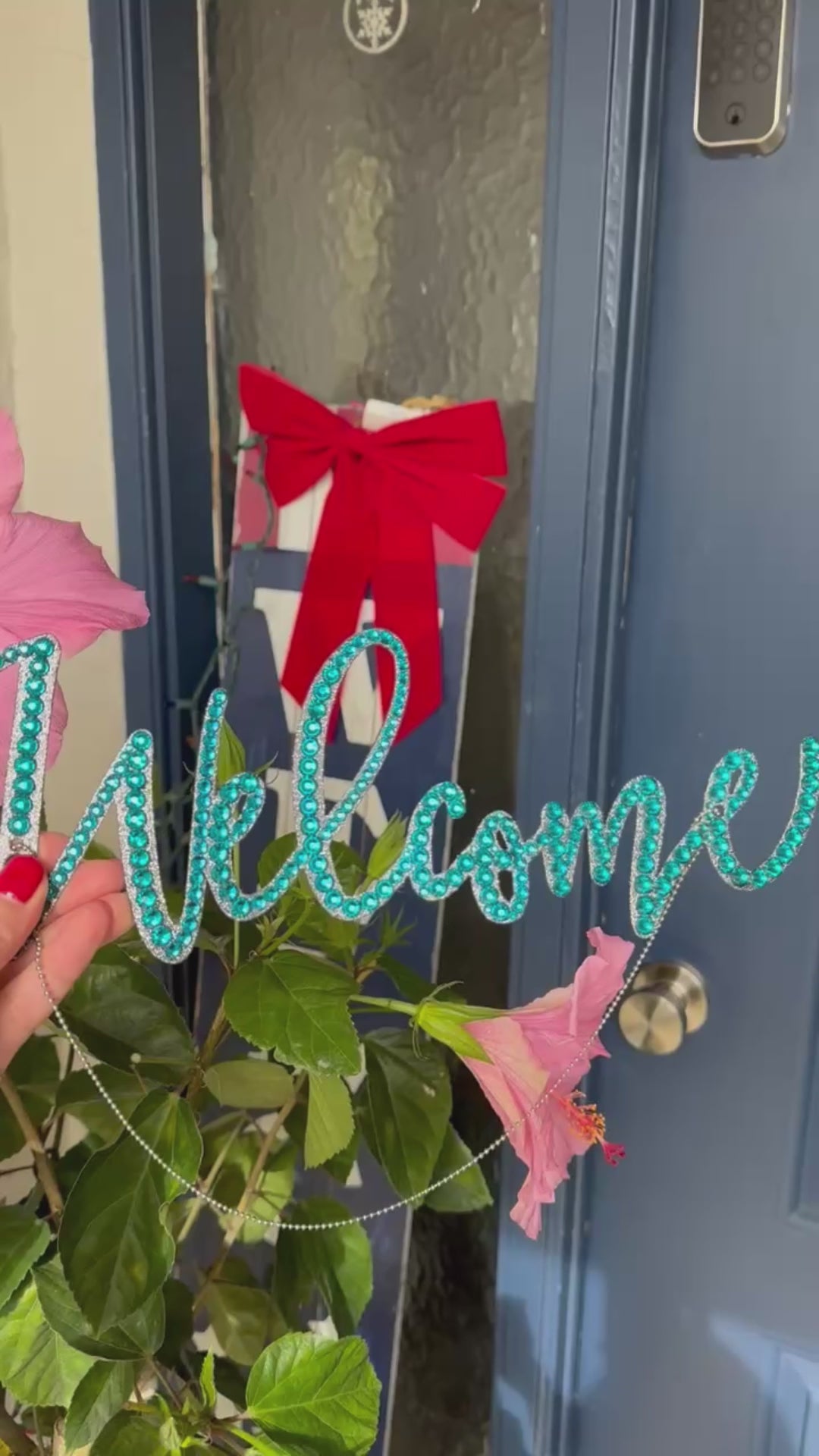 Welcome Door Sign decor rhinestone Cyan Dark