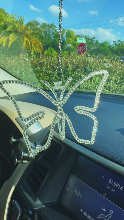 Butterfly car rearview mirror rhinestone pendant White