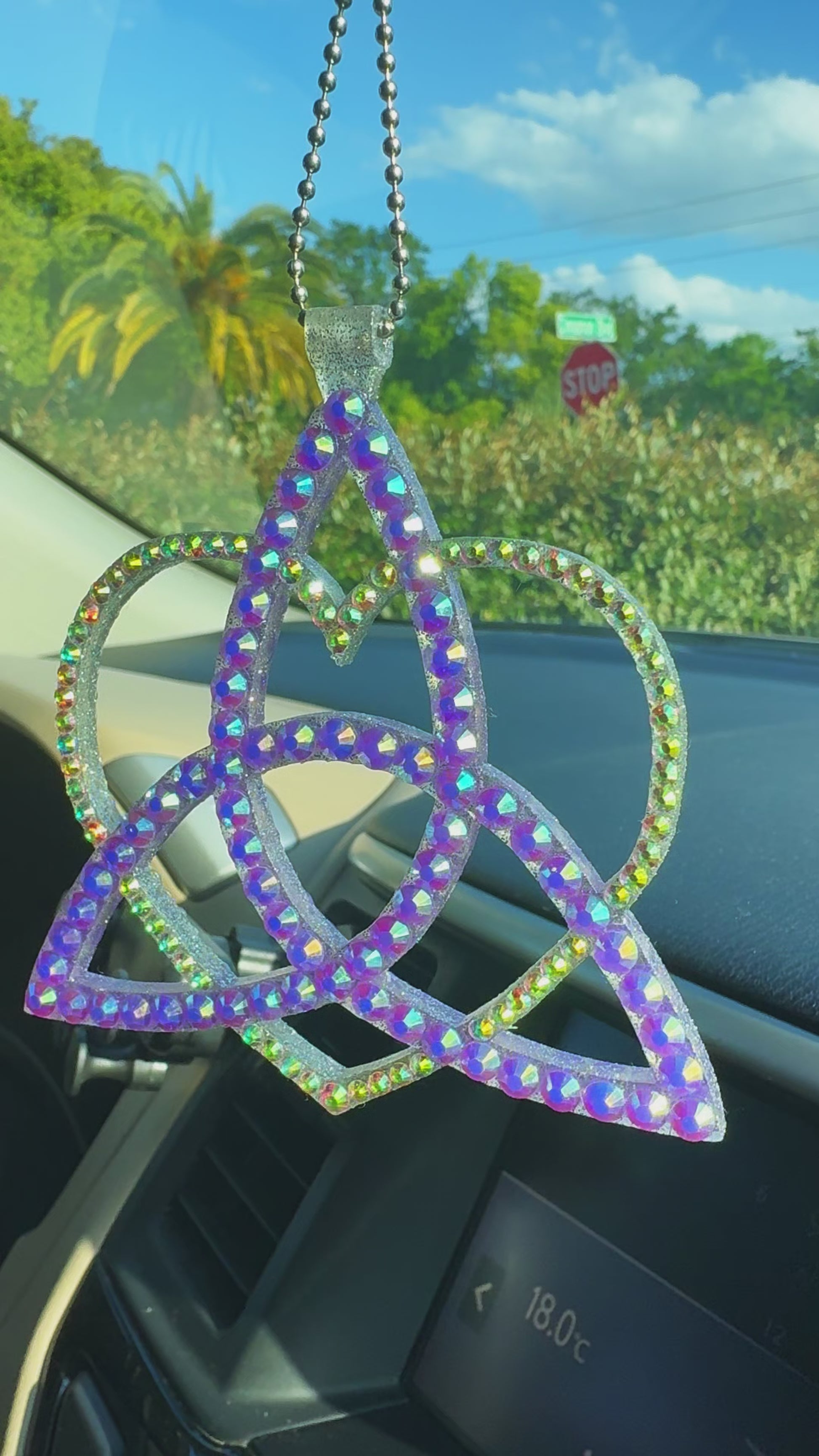 Celtic Triangle with Heart car rearview mirror rhinestone pendant Rainbow Purple