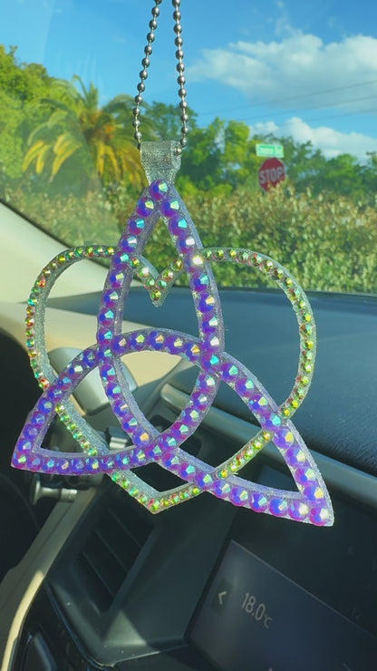 Celtic Triangle with Heart car rearview mirror rhinestone pendant Rainbow Purple