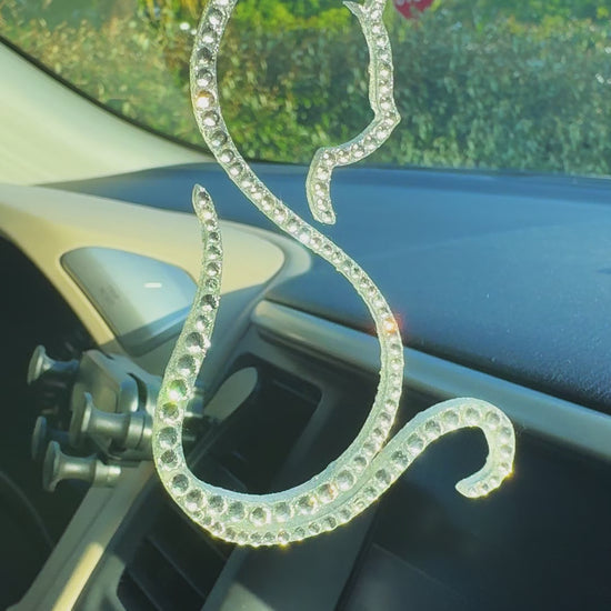 Kitty car rearview mirror rhinestone pendant White
