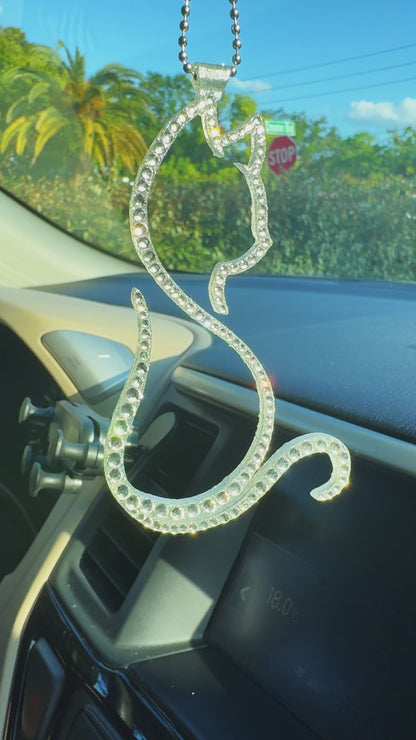 Kitty car rearview mirror rhinestone pendant White