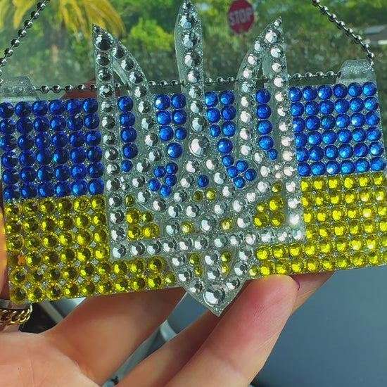 Ukrainian Flag UA with Trident car rearview mirror  rhinestone pendant Yellow, Blue and White
