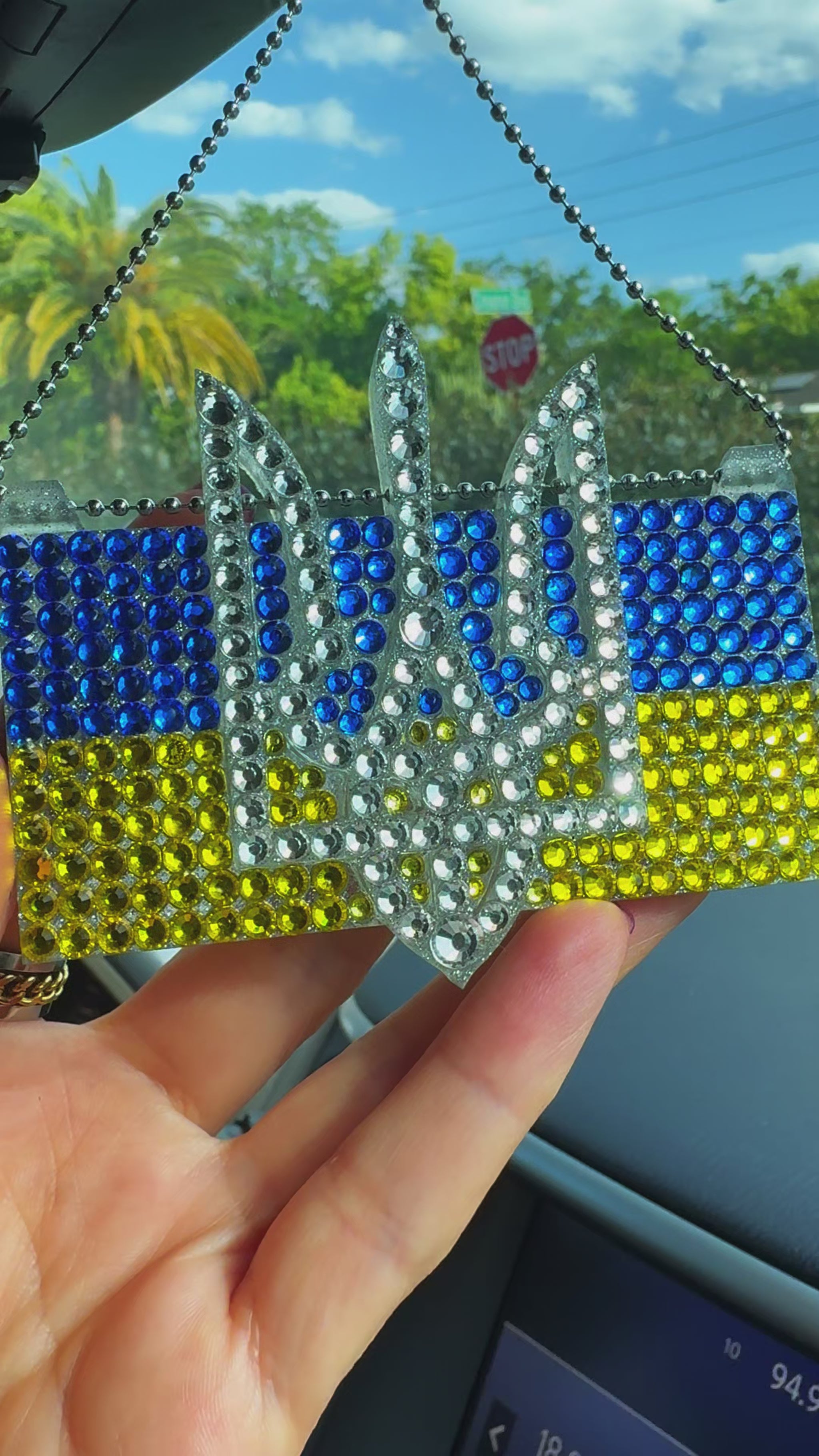 Ukrainian Flag UA with Trident car rearview mirror  rhinestone pendant Yellow, Blue and White