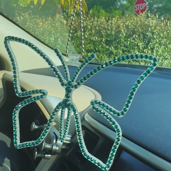 Butterfly car rearview mirror rhinestone pendant Cyan Dark