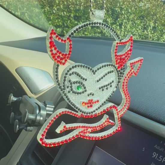 Imp car rearview mirror  rhinestone pendant Red Hot and Black